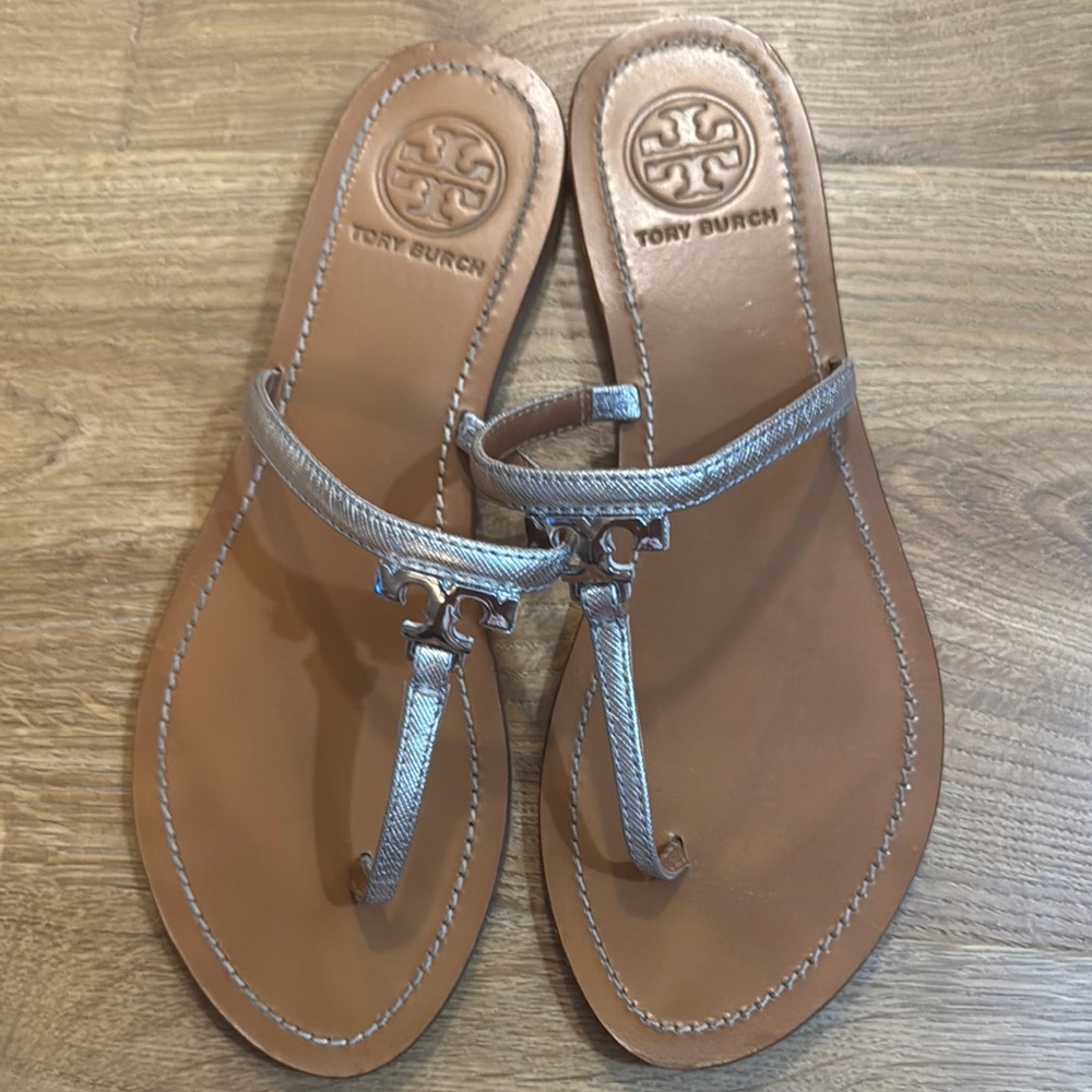 Tory Burch Silver Brown Sandals with T-Bar Design